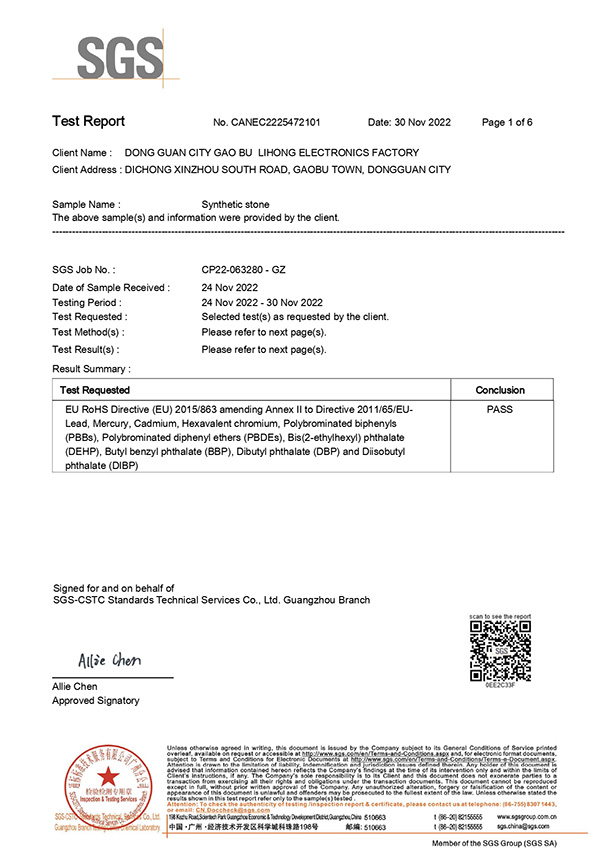 SGS RoHS test report CANEC2225472101 page 1 showing PASS conclusion