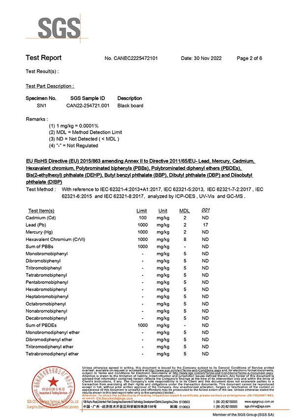 SGS RoHS report page 2 with test results